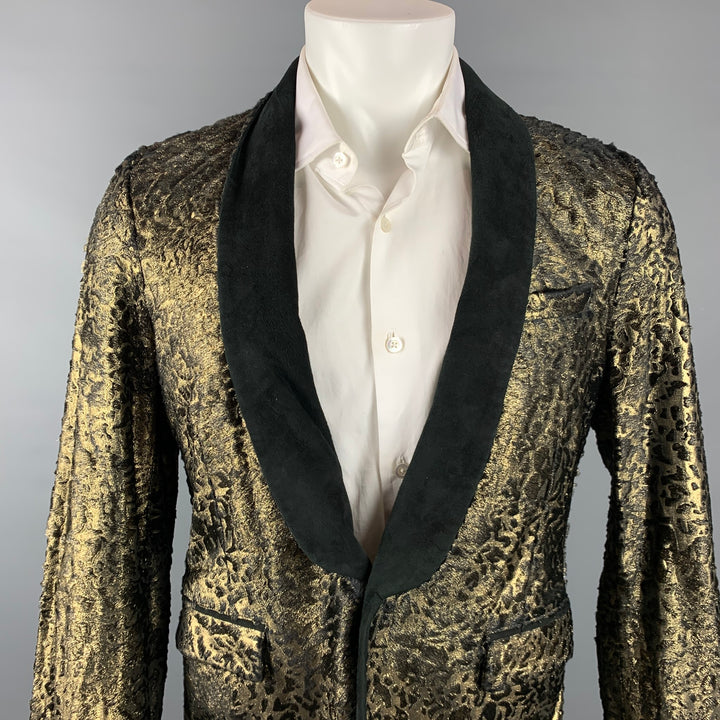 ROBERTO CAVALLI Size 42 Gold & Black Laser Pony Jacquard Leather Shawl Collar Sport Coat