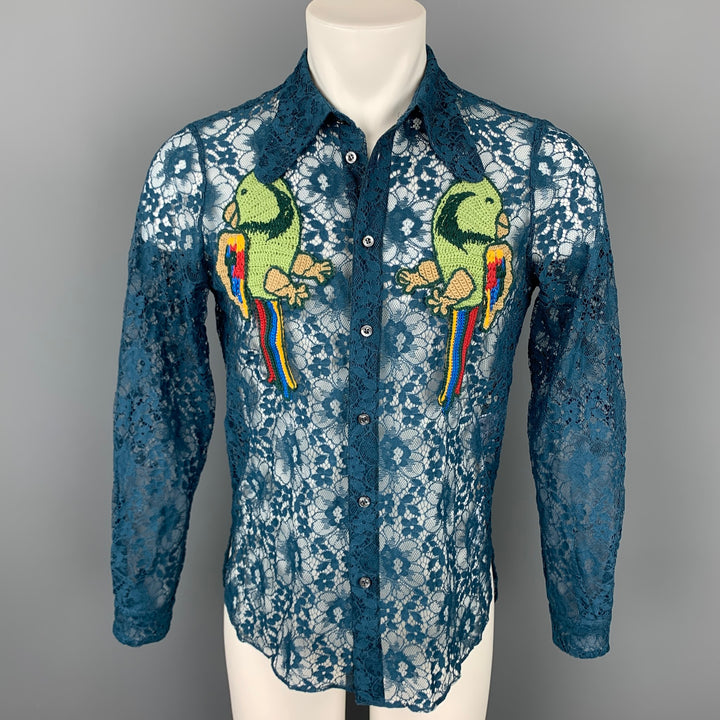 GUCCI S/S 16 Talla S Camisa de manga larga en mezcla de poliamida con bordado de encaje transparente verde azulado