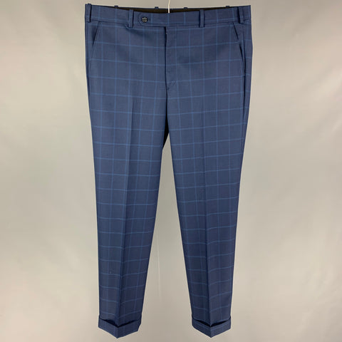HOLLAND & SHERRY Size 38 Navy Window Pane Flat Front Dress Pants