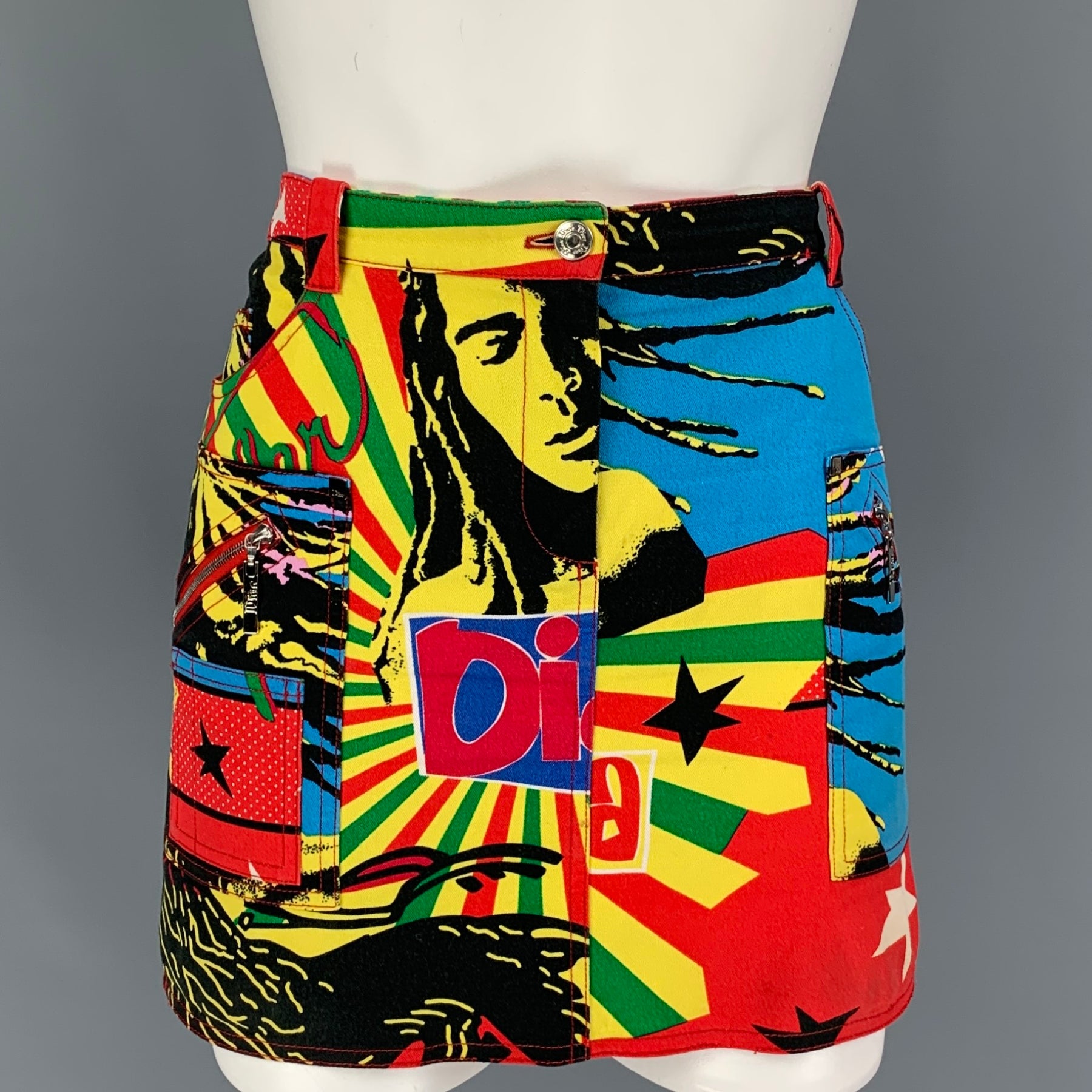 CHRISTIAN DIOR SS04 Rasta Mania Size 8 Multi-Color Cotton Lycra Graphic  Mini Skirt