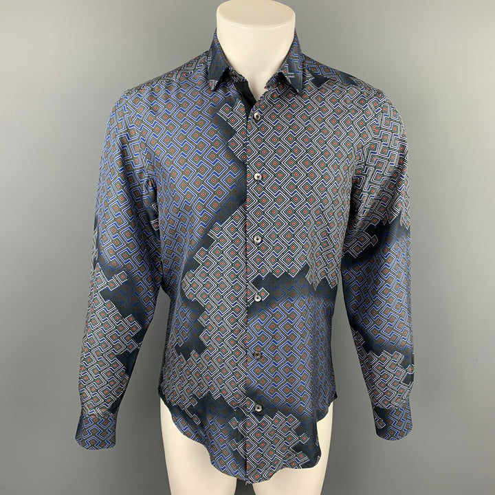 LANVIN Size M Navy & Blue Geometric Button Up Long Sleeve Shirt