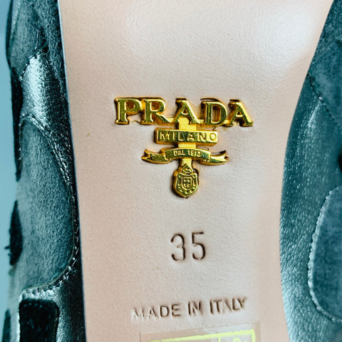 PRADA Size 5 Grey Black Suede Aplique Platform Pumps