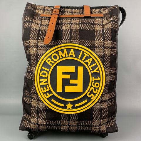 FENDI Brown & Yellow Plaid Canvas Leather Yellow Roller Luggage Travel Bag