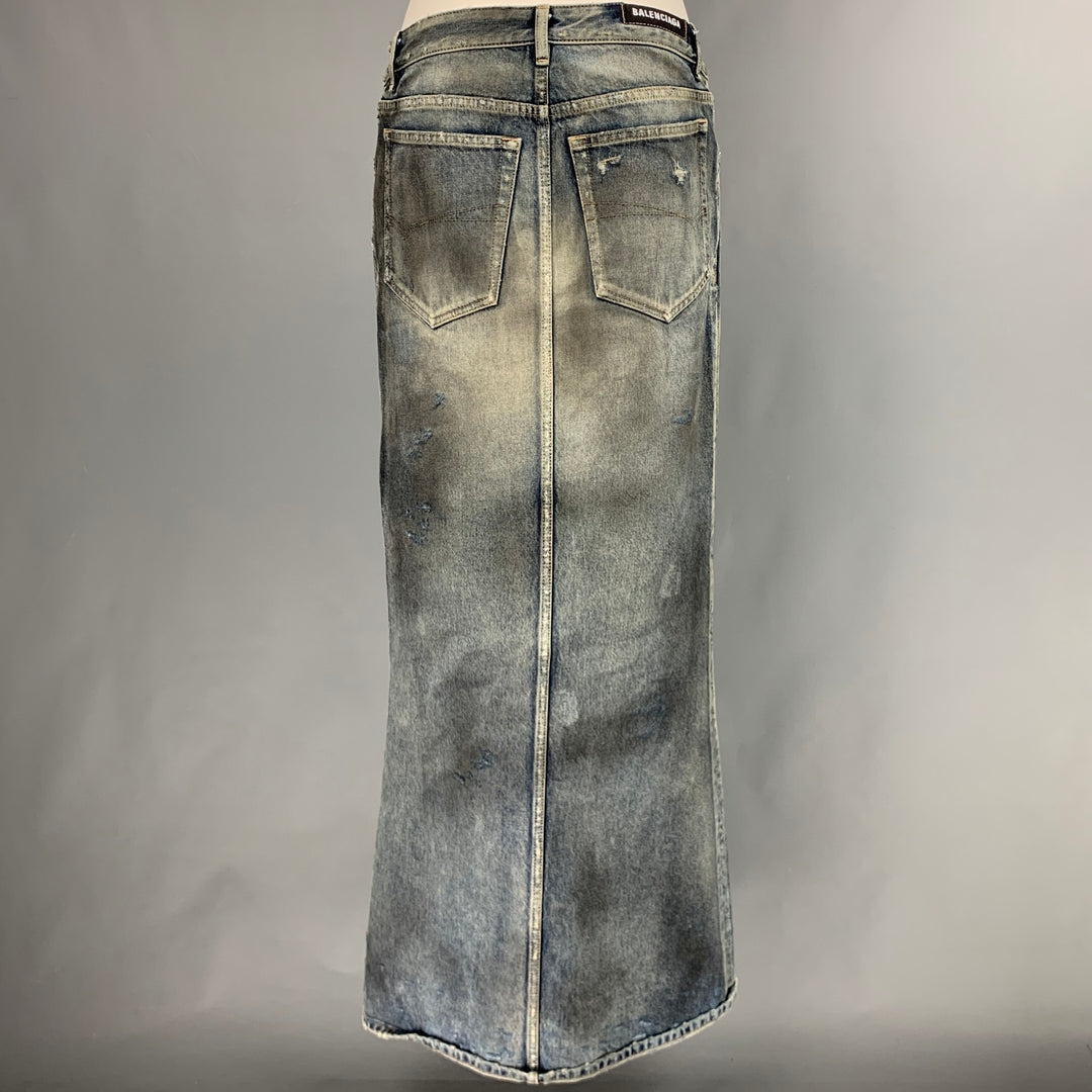 BALENCIAGA Size 6 Blue Grey Cotton Distressed Pencil Long Skirt