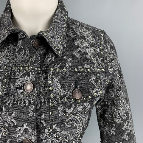 MARC JACOBS Chaqueta corta con adornos de cristal y encaje vaquero blanco y negro talla S