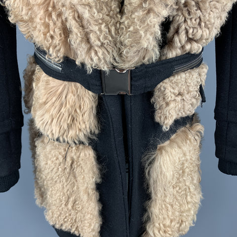 HOOD BY AIR Size 36 Black & Tan Fur Panel Layer Hooded Coat