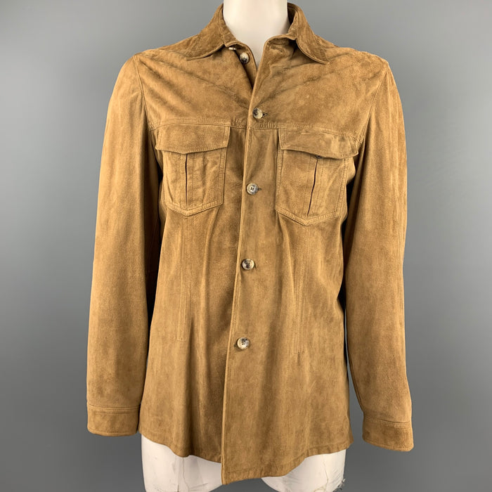 HUGO BOSS Size 44 Tan Suede Buttoned Shirt Jacket