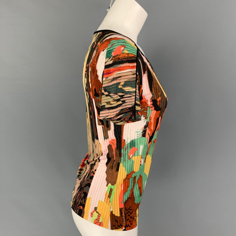 ETRO Size 4 Multi-Color Polyester Abstract Short Sleeve Casual Top