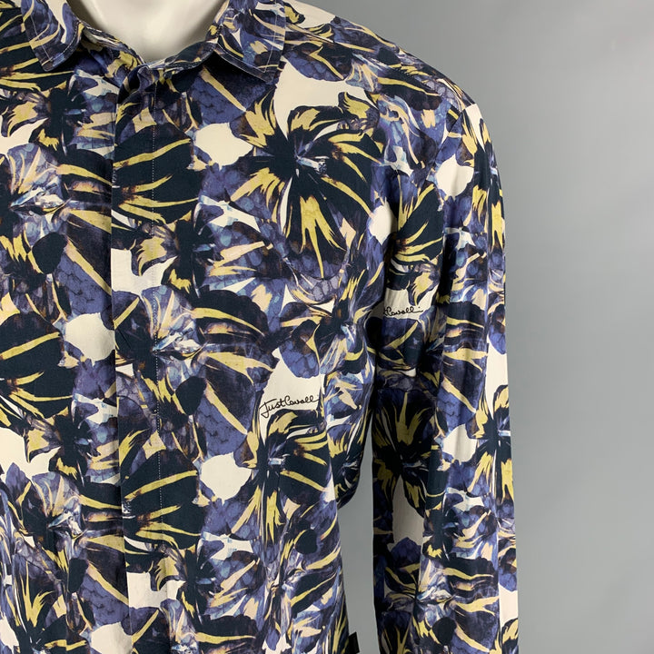 JUST CAVALLI Size M Blue Yellow Floral Cotton Button Down Long Sleeve Shirt