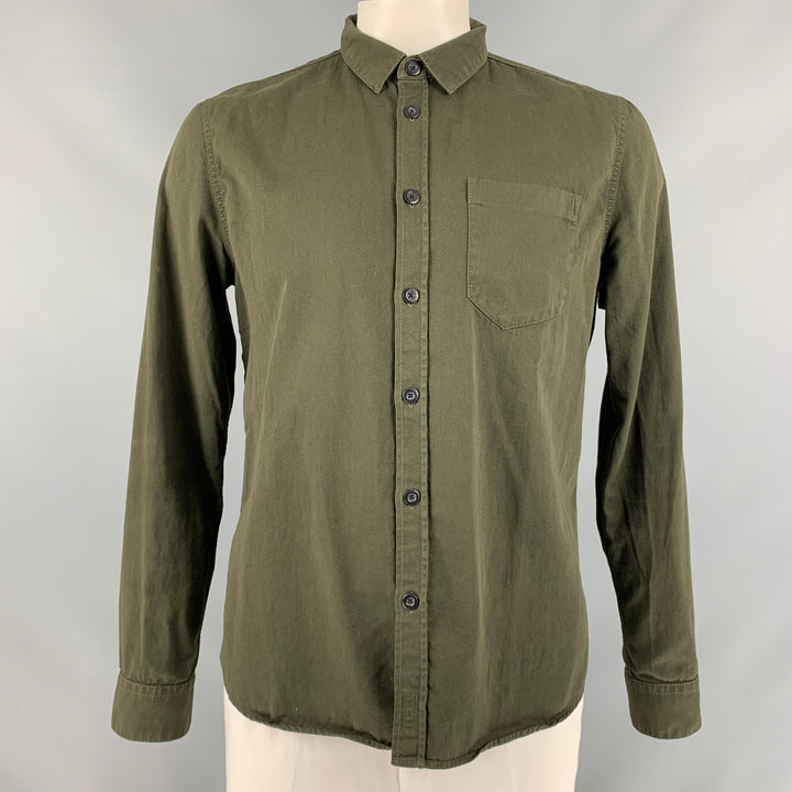 NUDIE JEANS Size L Olive Solid Cotton Button Down Long Sleeve Shirt