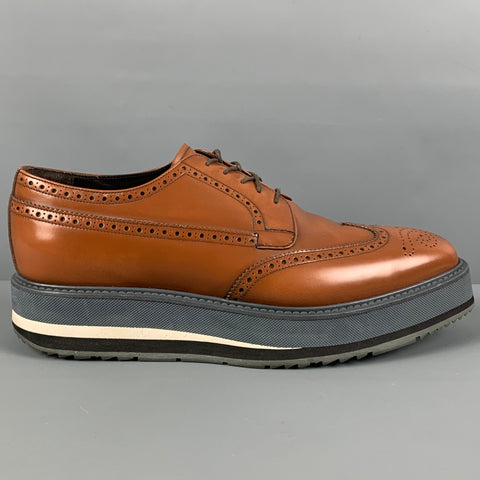 PRADA Size 9.5 Tan Grey Perforated Leather Platform Lace Up Shoes