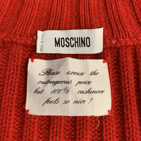 MOSCHINO Size XL Red Ribbed Cashmere High Collar Slit Pockets Zip Up Pullover Sweater