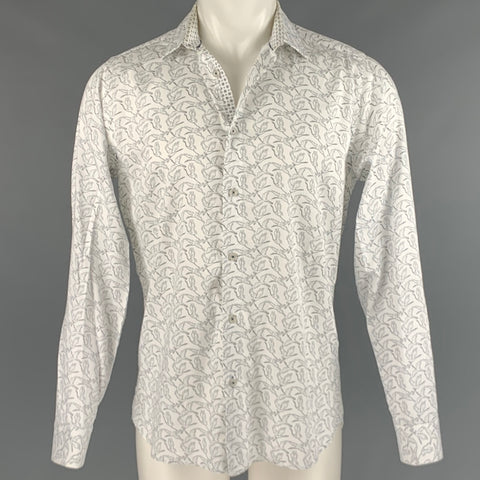 TED BAKER Size M White Blue Birds Cotton Elastane Long Sleeve Shirt