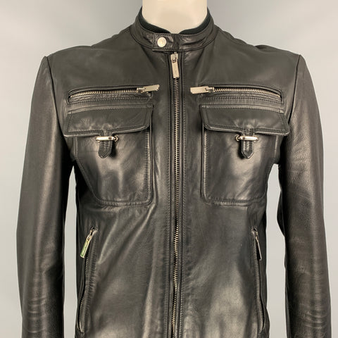 DSQUARED2 Size 42 Black Leather Multi-Pockets Zip Up Jacket