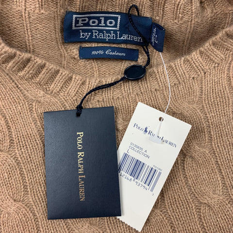 RALPH LAUREN Size L Camel Cable Knit Cashmere Crew-Neck Sweater