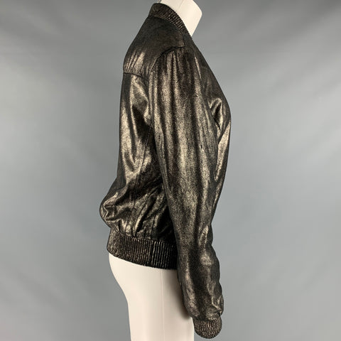 MUUBAA Taille 6 Blouson Bomber en Cuir Argenté Métallisé en Cuir d'Agneau