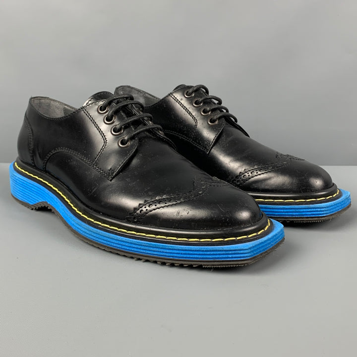 VIKTOR & ROLF Size 10 Black Blue Perforated Leather Wingtip Lace Up Shoes
