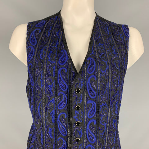 CUSTOM MADE Size M Black & Blue Beaded Buttoned Vest