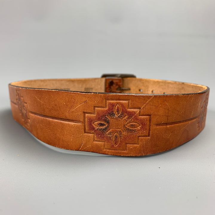 VINTAGE Size 32 Tan Embossed Hand Painted Leather Belt