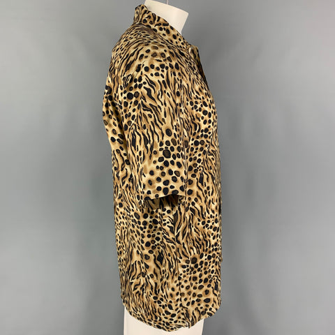 BRIONI Size L Tan Black Animal Print Rayon Camp Short Sleeve Shirt