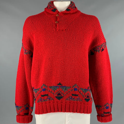 POLO by RALPH LAUREN Size XL Red Grey Knit Wool Shawl Collar Sweater