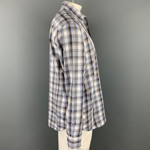 SAKS FIFTH AVENUE Size XL White & Blue Plaid Cotton Button Down Long Sleeve Shirt