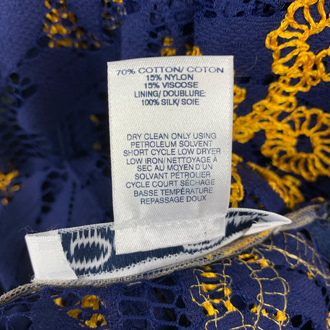 OSCAR DE LA RENTA Resort 2016 Size 4 Blue Yellow Cotton Blend Embroidered Cocktail Dress