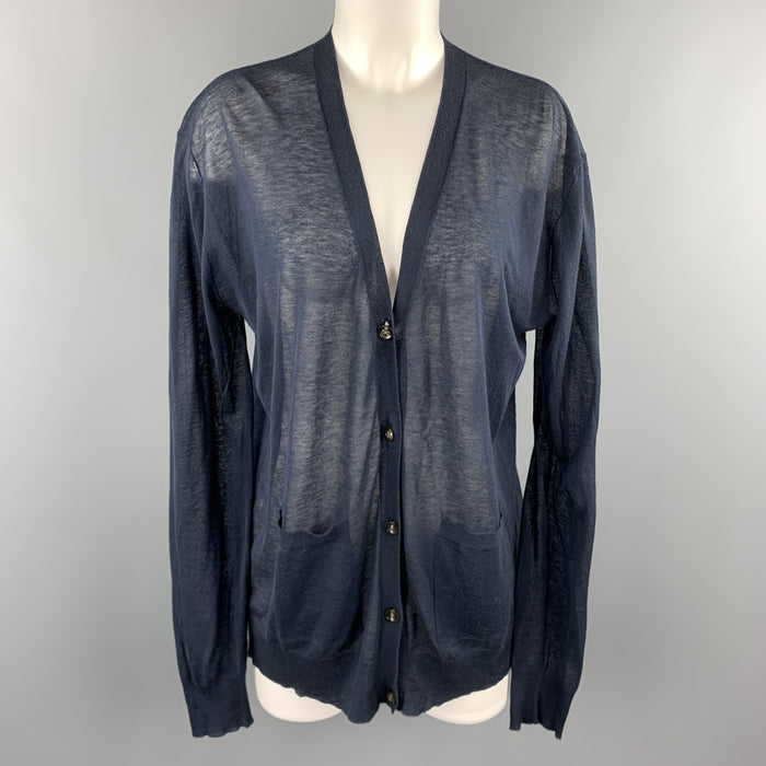 DRIES VAN NOTEN Size M Navy Cotton / Cashmere Sheer Knit Cardigan