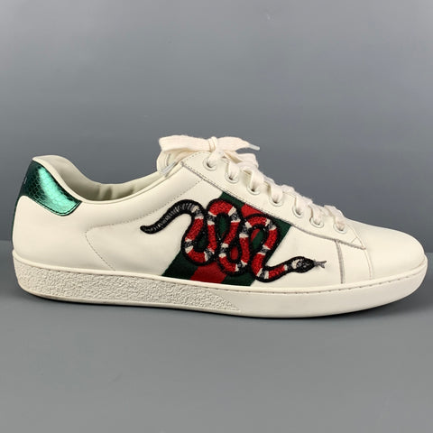 GUCCI Size 12 White Applique Leather Lace Up Ace Sneakers