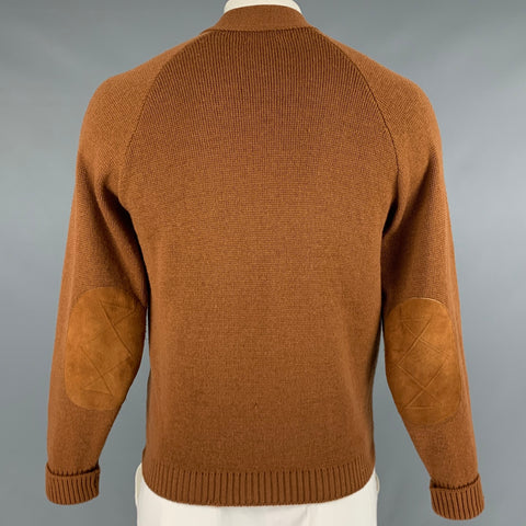 TUNDRA Size L Camel Virgin Wool Suede Elbow Patches Cardigan