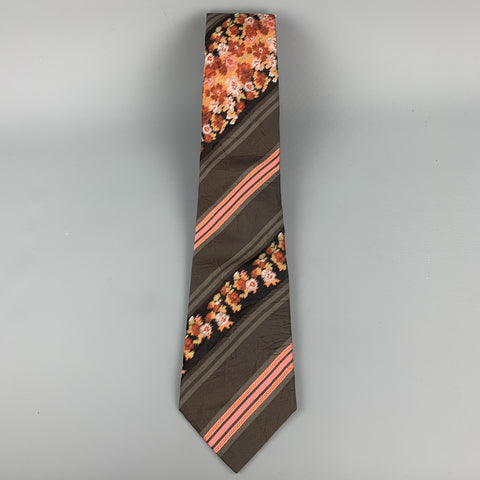 KENZO Brown & Pink Floral Striped Textured Silk Tie