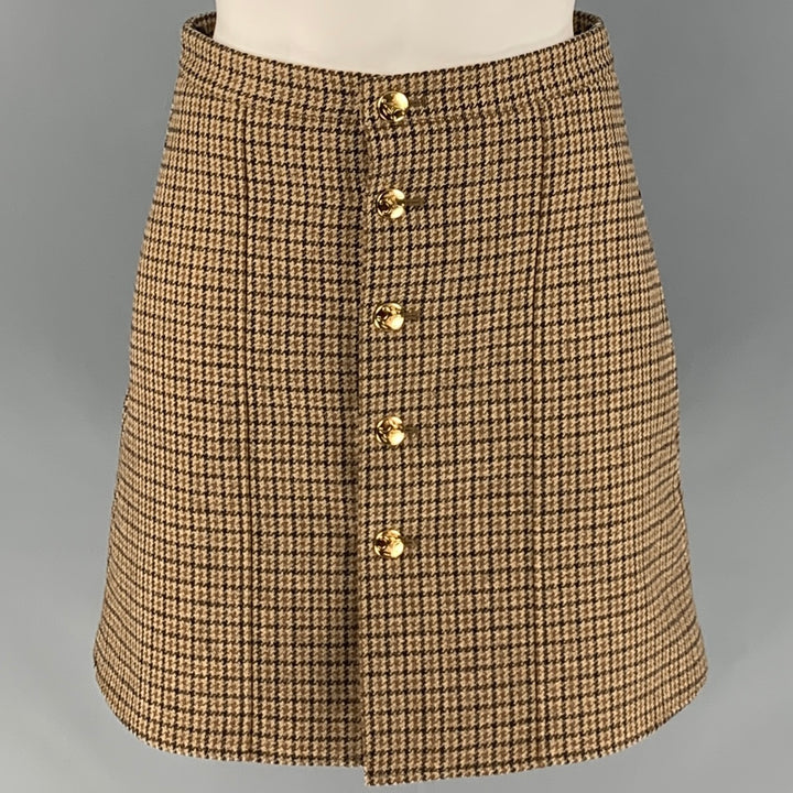 CELINE Size 2 Brown Wool Houndstooth Buttoned Mini Skirt