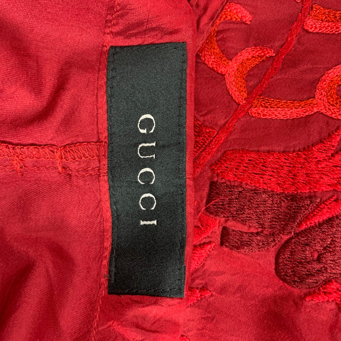 GUCCI by TOM FORD 2001 XL Red Dragon Embroidered Silk Wide Leg Karate Pants