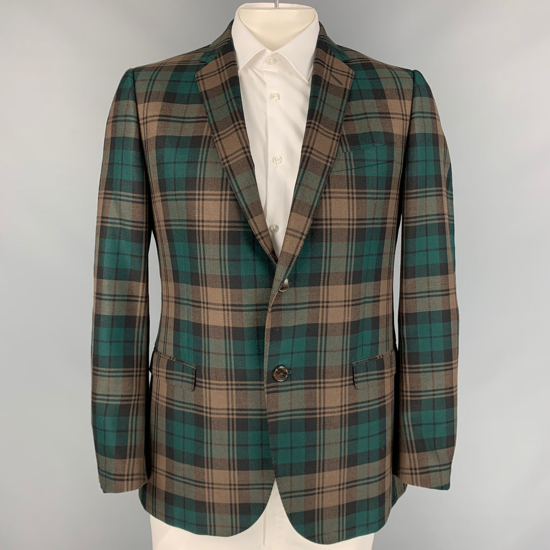 GUCCI Size 44 Taupe & Green Plaid Wool Single Breasted Sport Coat