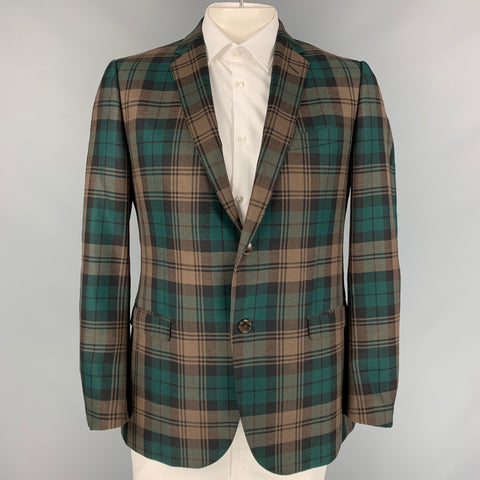 GUCCI Talla 44 Abrigo deportivo de lana a cuadros color topo y verde con un solo pecho