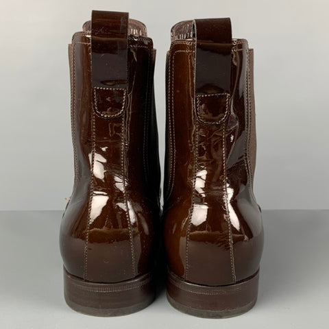 SALVATORE FERRAGAMO Size 10.5 Brown Patent Leather Ankle Boots