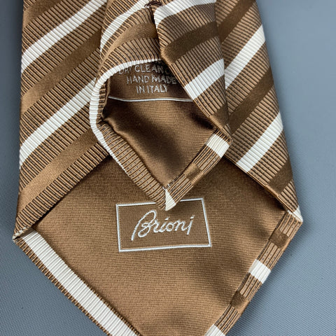 BRIONI Taupe White Brown Diagonal Stripe Silk Tie