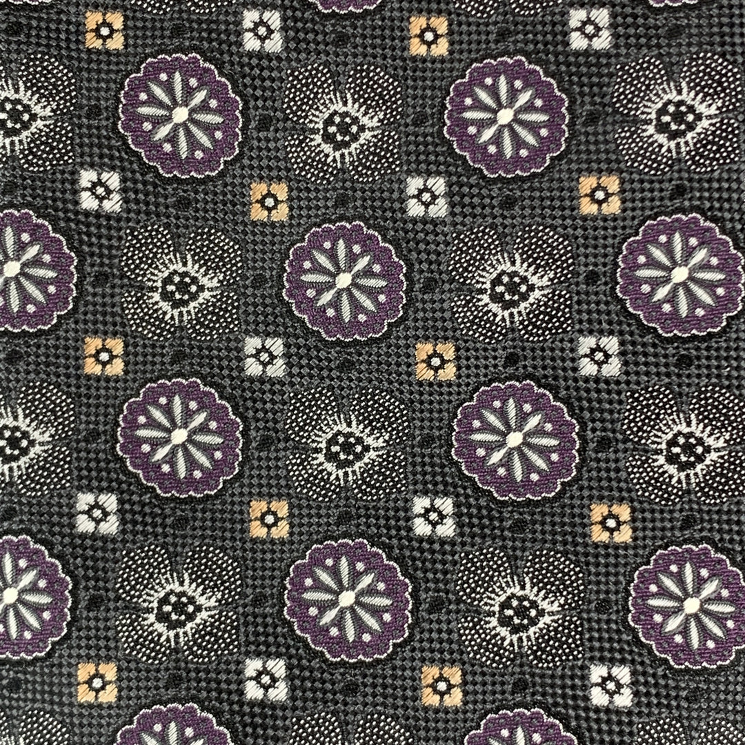 ERMENEGILDO ZEGNA Charcoal & PLum Floral Pattern Silk Tie