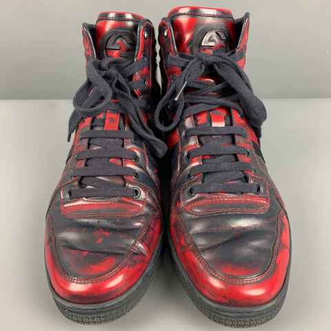 GUCCI Size 9.5 Red Navy Marbled Leather High Top Sneakers