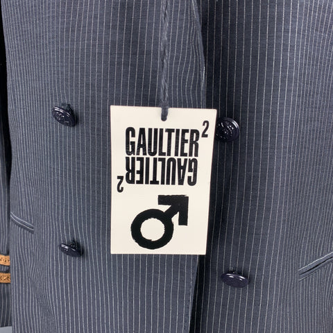 JEAN PAUL GAULTIER Size 40 Navy Pinstripe Linen / Mohair Double Breasted Suit