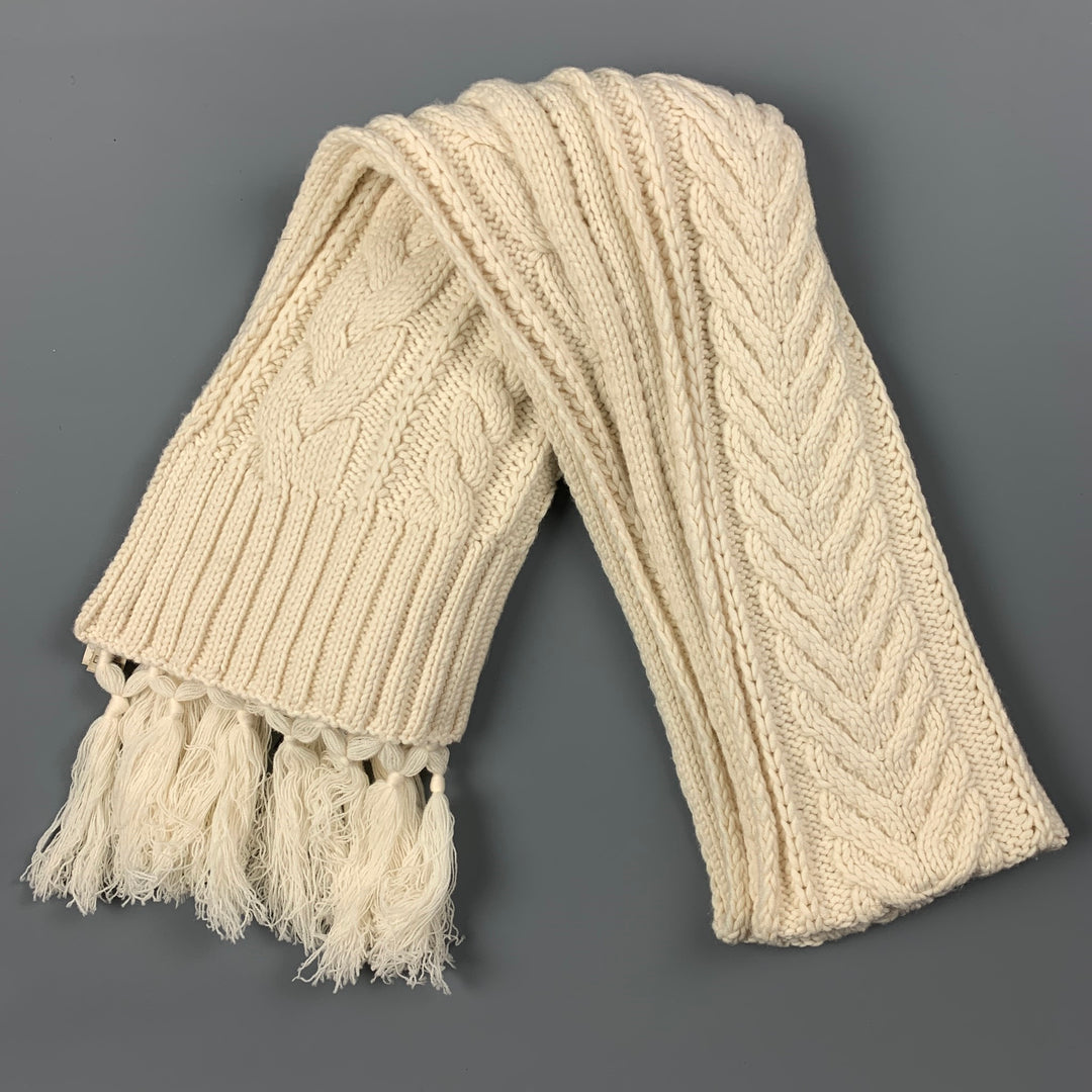 BURBERRY Bufanda color crema con flecos y borlas de cachemir y lana tejida en ochos