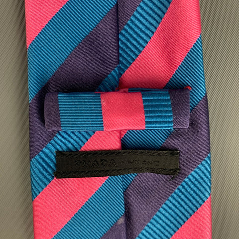 PRADA Blue Pink Diagonal Stripe Silk Tie