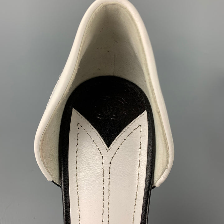 CHANEL Size 10 White & Black Two Toned Leather D'Orsay Pumps