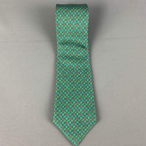 HERMES 7044 TA Green Blue Belt Buckle Print Silk Tie
