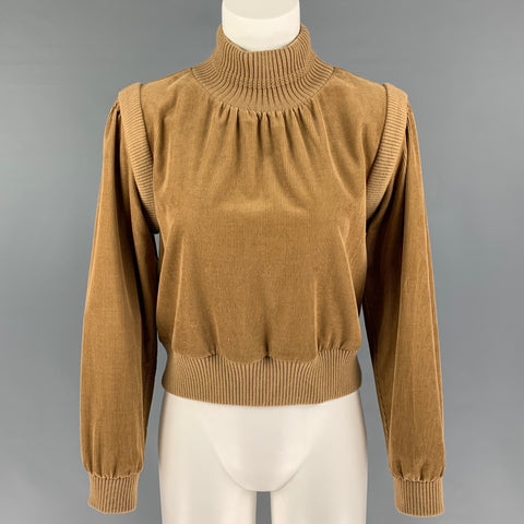 SAINT LAURENT Pull à col roulé côtelé en coton beige taille 2