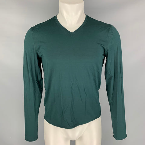 PRADA Taille M Chemise à manches longues à col en V en soie unie et élasthanne vert forêt