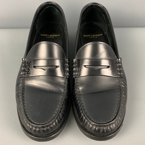 SAINT LAURENT Size 7 Black Leather Monogram Penny Loafers