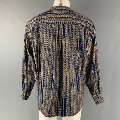 KAPITAL Size S Navy Cream Herringbone Cotton Nehru Collar Long Sleeve Shirt