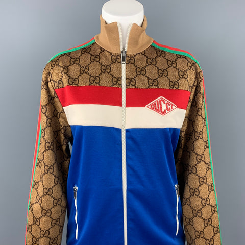 GUCCI Pre-Fall 2018 Talla S Chaqueta de punto técnico GG azul y multicolor de poliéster / algodón con cremallera