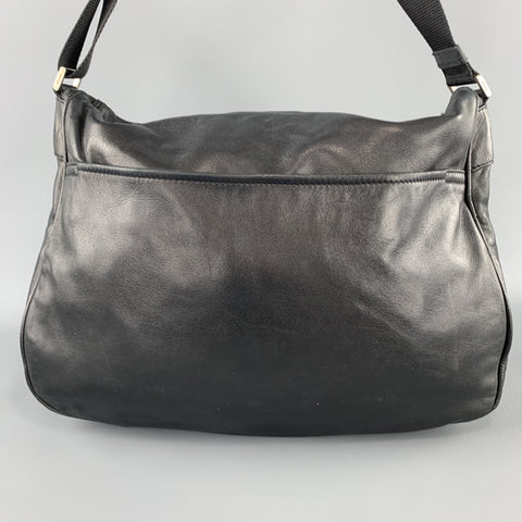 PRADA Black Leather Enamel Logo Crossbody Messenger Bag